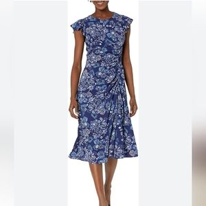 Vince Camuto Pebble Crepe Flutter Sleeve Midi Dress W/Ruched Front Sz 4 NWT